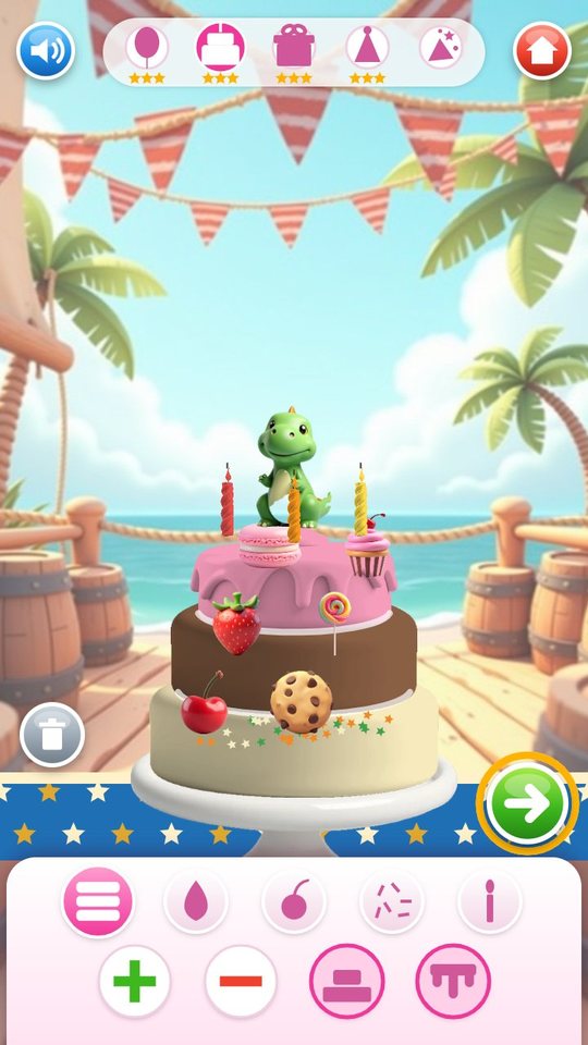 Cake stage on the pirate deck: a three-layer cake with pink icing drip, fruit, a cookie, sprinkles, three candles and a dinosaur topper