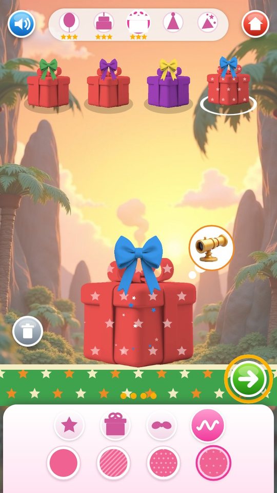 Presents stage: a red starry box with a blue bow, a thought bubble showing the spyglass inside, and four finished presents in a row