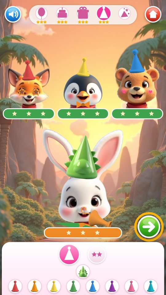 Guests stage: a fox, a penguin and a bear in cone hats with glasses, a bow tie and rosy cheeks, and the bunny host in a dinosaur hat with a party horn