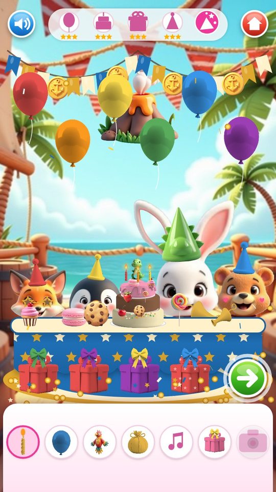 Party room on the pirate deck with balloons, a coin garland, four animals around the cake, four presents and the tray of party games
