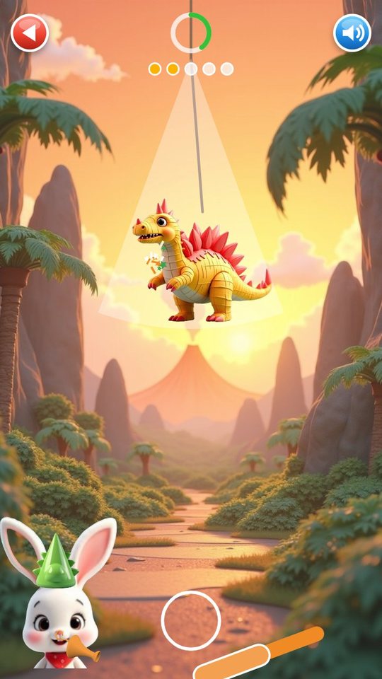 Pinata game in the dinosaur world: a yellow dinosaur pinata swings on a rope while the bunny host watches, two of five hits done