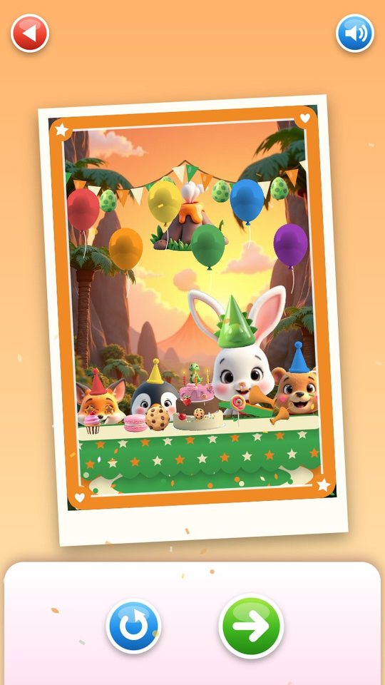 Finished party photo in an orange frame: the animals at the table with the cake, balloons and a dinosaur garland