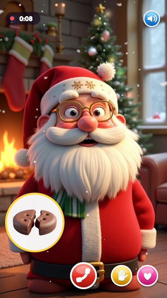 Santa on the call in his living room with a picture bubble of a shared cookie, a call timer and the hang-up, wave and heart buttons
