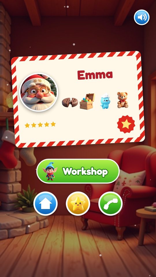 The Nice List postcard for Emma with Santa's portrait, three good-deed pictures and a teddy bear, above the Workshop button