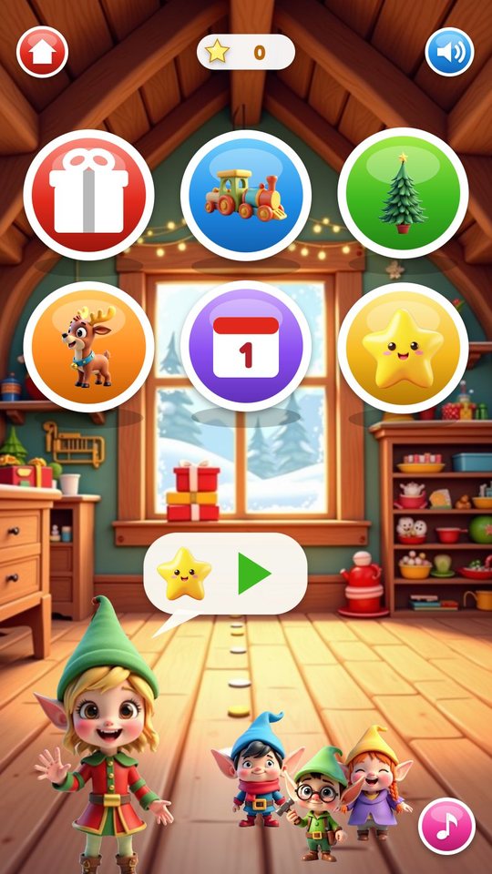 The elf workshop hub with six round buttons, the star counter, the elf host with a picture speech bubble and three helper elves