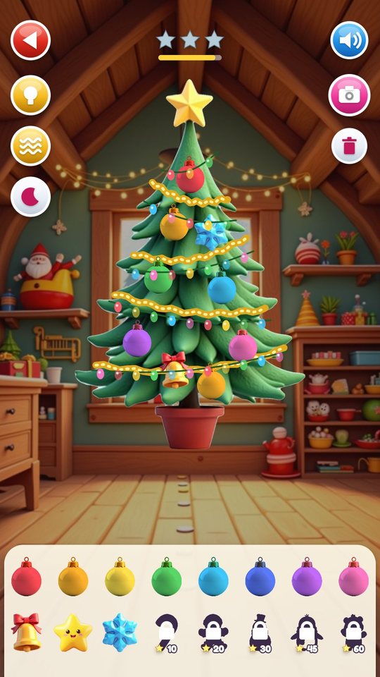 A decorated tree with garland, lights and coloured baubles; below it a tray of eight baubles and friend ornaments, five of them locked behind star counts