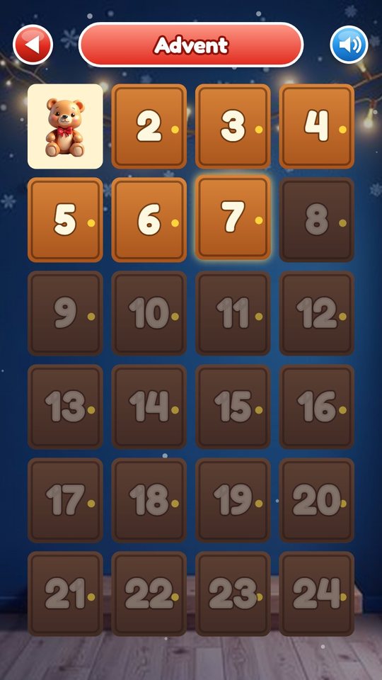 The advent calendar with 24 numbered doors: door 1 is open and shows a teddy bear sticker, doors 2 to 7 are available