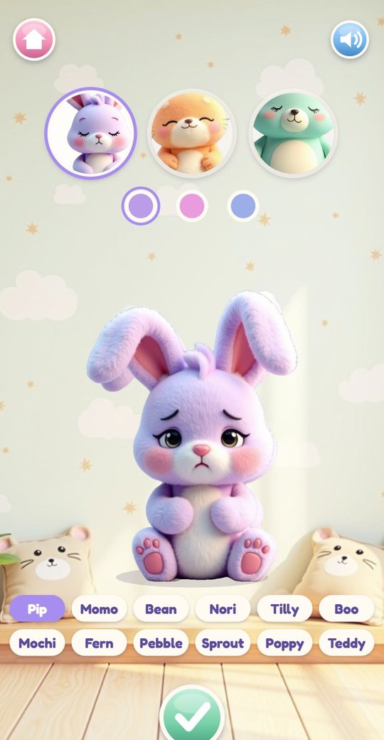 The pet picker with a lilac bunny, three species, three coat colours and twelve name buttons