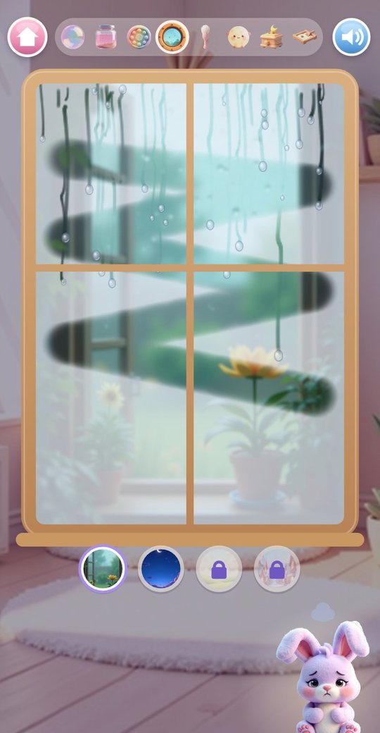The Rain Window with fog wiped away in a zigzag, a garden behind it and four views below, two of them locked