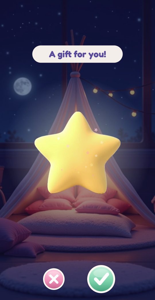An opened gift: a yellow star cushion, with a cross to keep it for later and a tick to place it