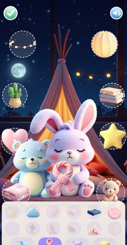 The corner editor with eight filled places, a bunny in a pink scarf with a visiting bear, and the tray of decorations