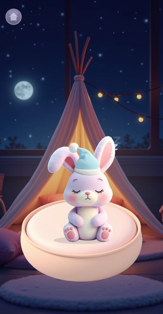Bedtime mode: the bunny in a blue nightcap asleep on a round bed in front of the tent