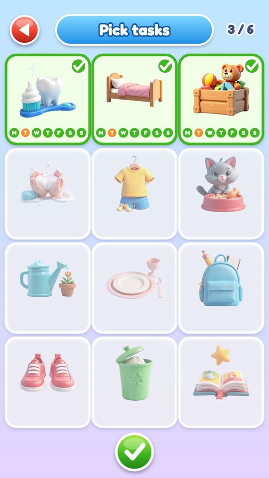 The Pick tasks screen with twelve chore cards, three of them chosen with weekday dots, and a 3 of 6 counter