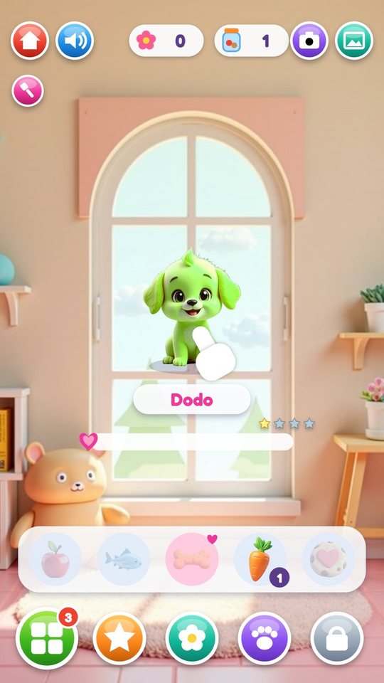 The home screen with a young green puppy named Dodo, its heart bar, the treat tray and the row of buttons for today, stickers, garden, pet hall and grown-ups