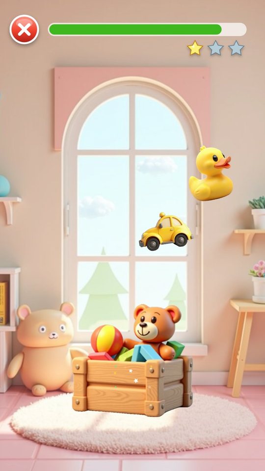 The toys mini game: a duck and a car waiting to be dragged into the wooden toy box