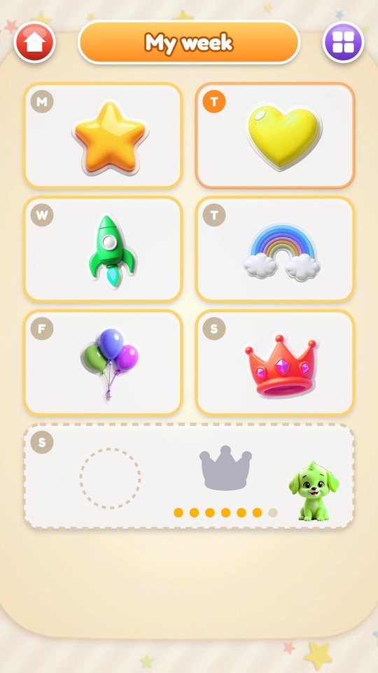 The My week page with stickers from Monday to Saturday and the Sunday square with the crown still to earn