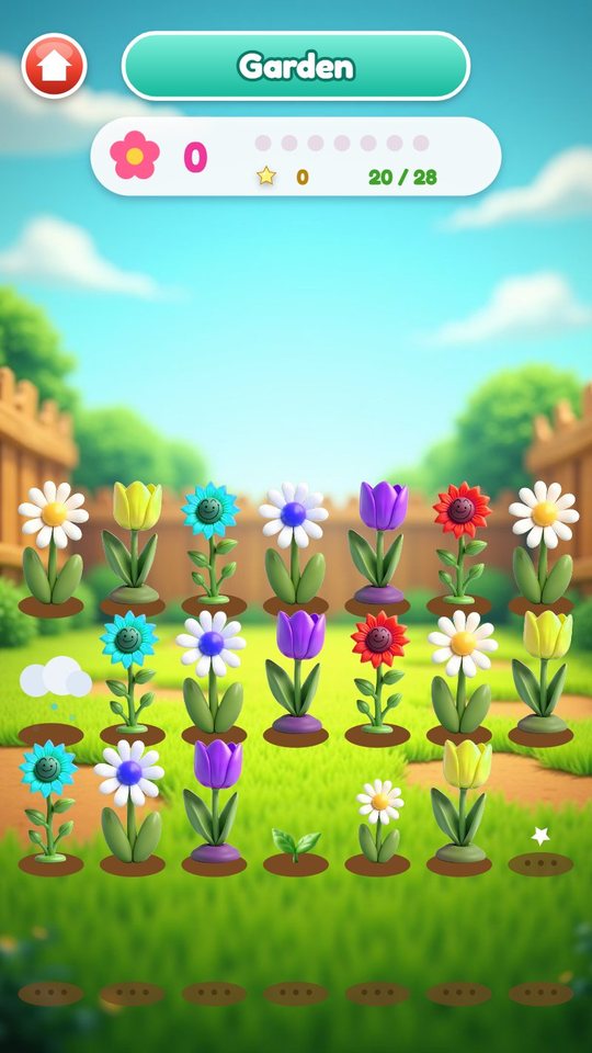 The garden with twenty of 28 plots filled with daisies, tulips and sunflowers, one sprout and one rain cloud