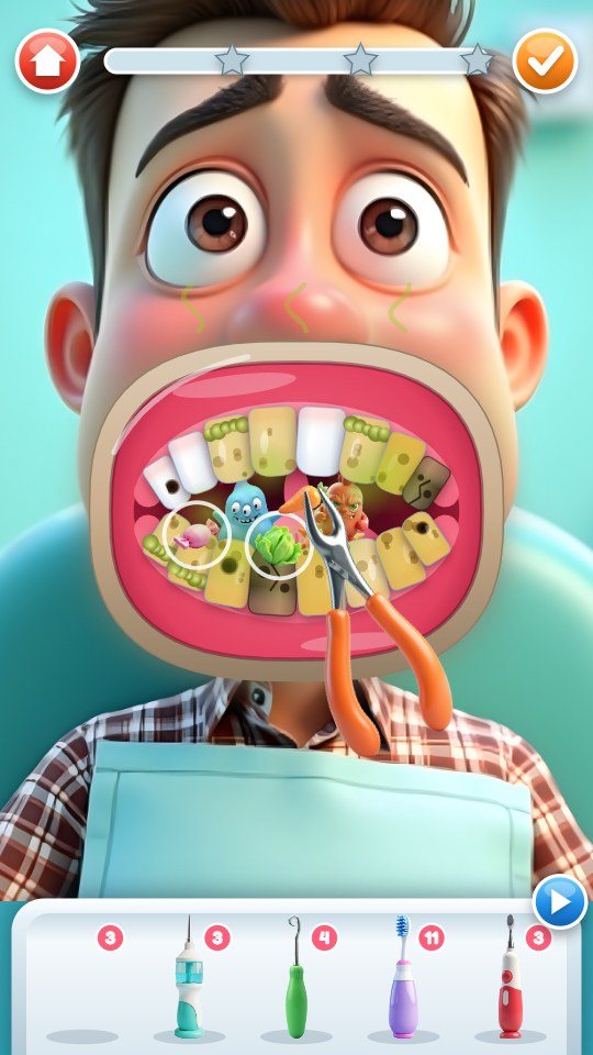 Dad in the chair: the orange tweezers hold a carrot they have lifted from his teeth, and white rings mark two more pieces of food