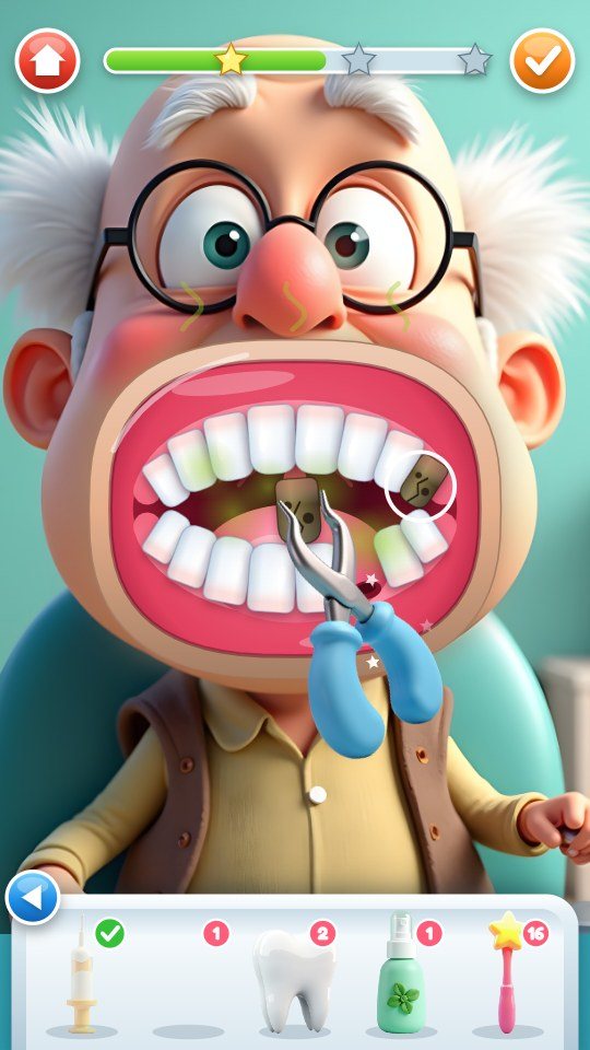 Grandpa's rotten tooth has come out and hangs in the blue forceps; the second tray shows the filling syringe, a new tooth, the mint spray and the star polisher