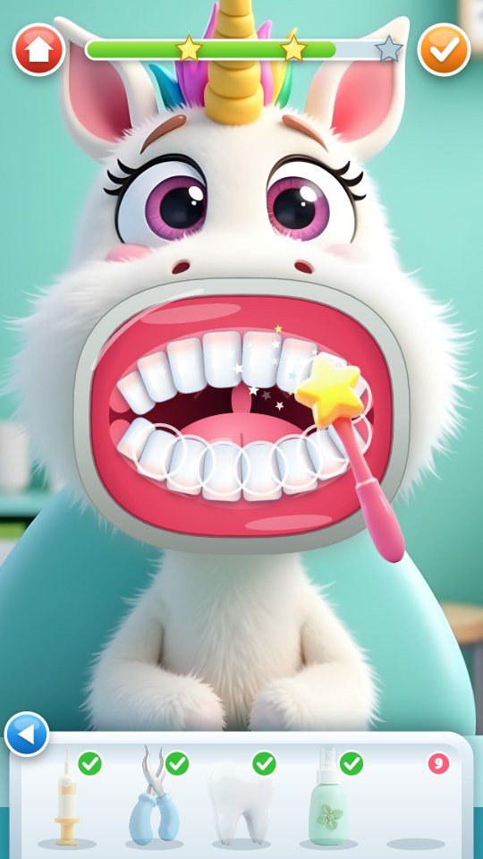 The unicorn's teeth are white; the star polisher is working along the upper row, with nine teeth still to polish and two of three stars reached