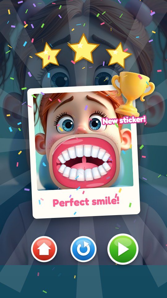 The result card for Lily: three gold stars, a photo of her clean teeth with the words Perfect smile, a trophy sticker marked New sticker, and the home, repeat and next buttons