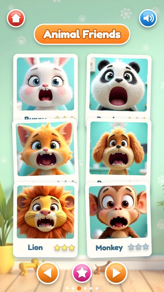 The Animal Friends page of the patient list with Bunny, Panda, Kitty, Puppy, Lion and Monkey; the cards of patients already treated show three gold stars