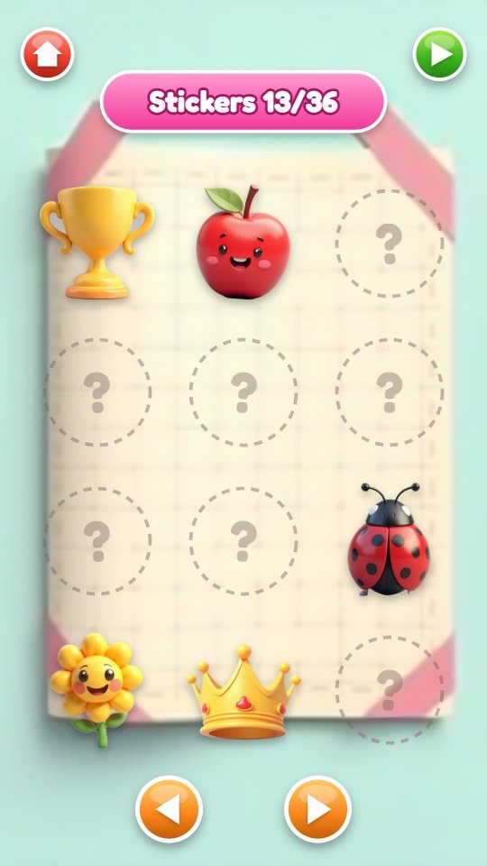 The first album page with the counter Stickers 13/36: a trophy, an apple, a ladybird, a sunflower and a crown are in place, the other spots show question marks