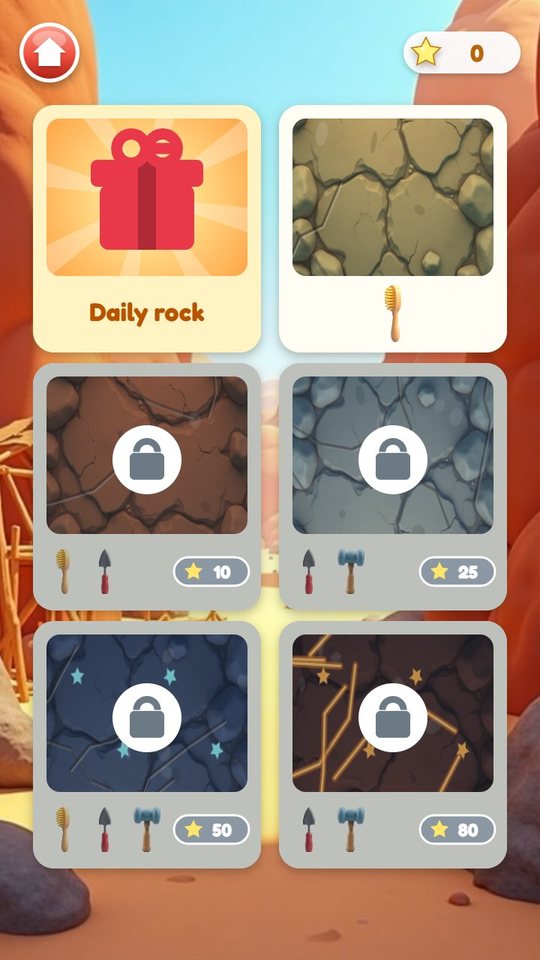 The rock choice screen: the Daily rock gift, open sandstone and four locked rocks priced at 10, 25, 50 and 80 stars