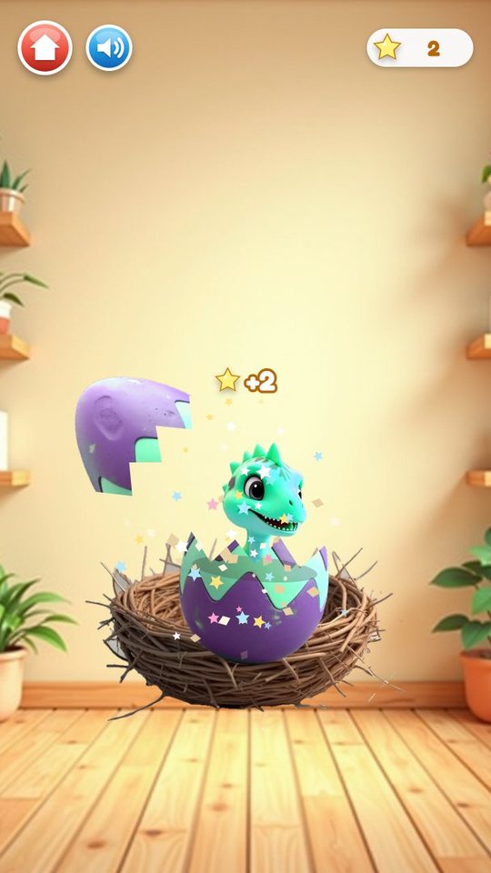 A mint green baby dinosaur popping out of a purple striped egg in the nest, with plus two stars above it