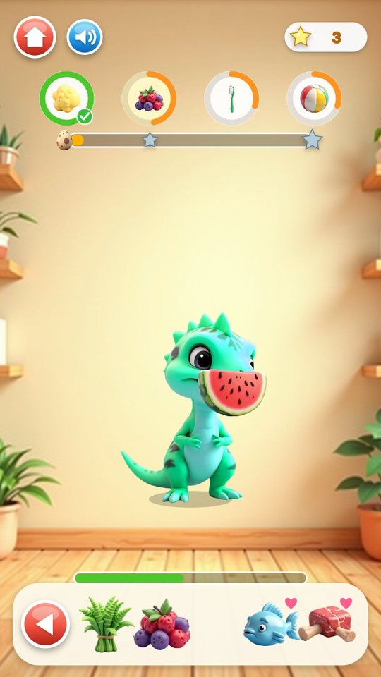 A baby dinosaur biting a slice of melon, with fern, berries, fish and meat on the tray and hearts on its two favourites
