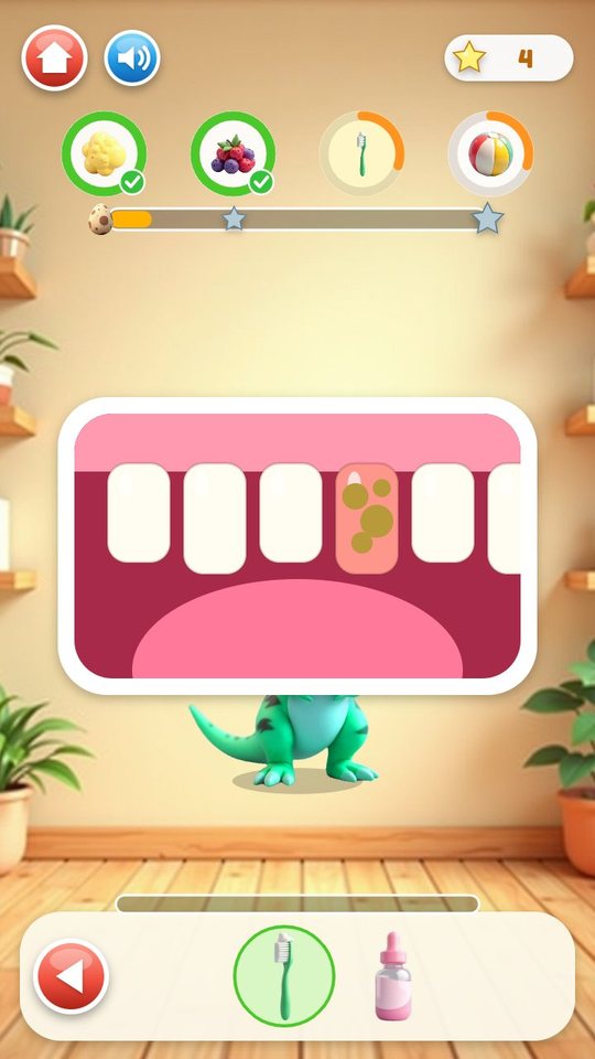 A close-up of the dinosaur's mouth with one stained tooth, and a toothbrush and drops on the tray