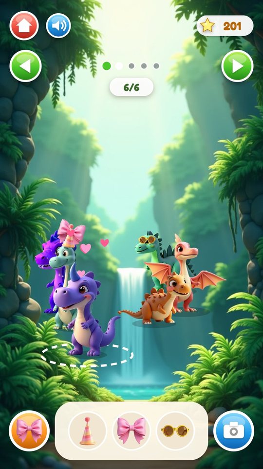 Six dinosaurs in the jungle habitat, one selected for dress-up with the hat, bow and sunglasses tray open