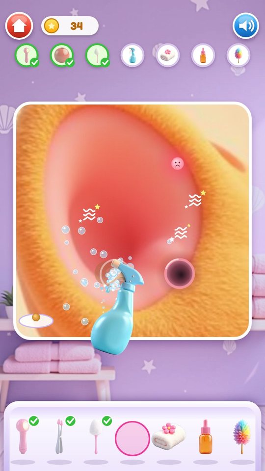 The spray bottle washes a mud spot on the cat ear with bubbles; three of the seven step icons already have green ticks