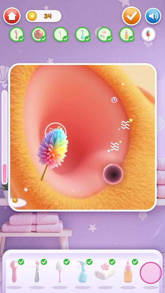 The rainbow feather tickles an itchy spot; six steps are ticked and the giggle meter on the left is filling