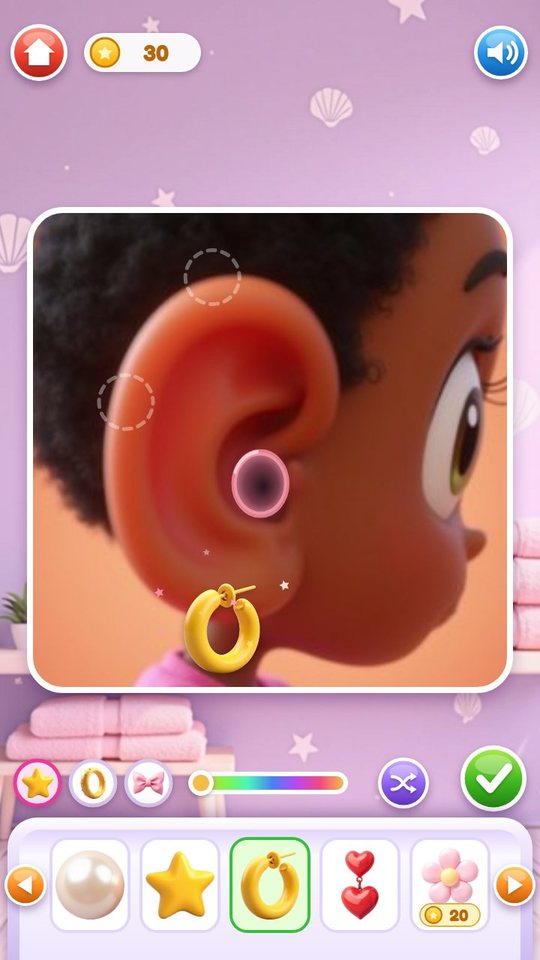 Decorate screen with a gold hoop earring on a girl's ear, tabs for earrings, cuffs and clips, a colour slider and the jewel tray