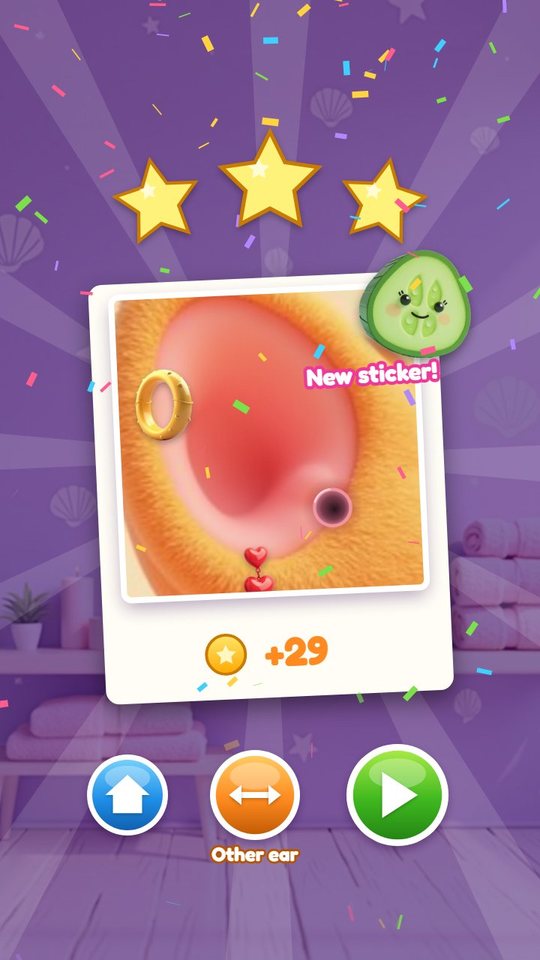 Result screen with three stars, a photo of the decorated cat ear, a new cucumber sticker, 29 coins and the Other ear button
