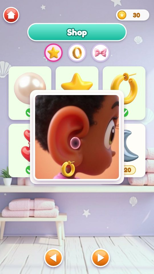 Shop screen with the earrings tab open and a try-on preview of the gold hoop on a girl's ear
