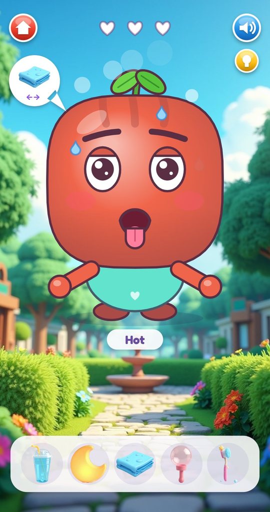 Sol, a hot red patient in the garden, asking for a cloth; the Big mode tray holds five tools