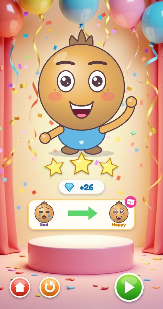 Result screen with happy Sunny, three stars, 26 gems and a card showing Sad turning into Happy