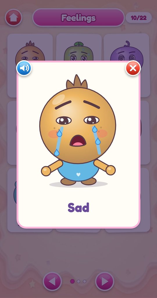 Feelings Book with the card Sad opened large, showing Sunny crying, with a sound button