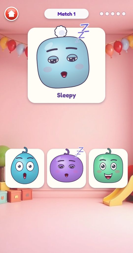 Match the Feeling, level 1: a sleepy blue face above three answer cards in a pink playroom
