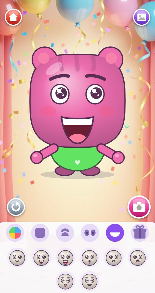 Face Studio with a pink character with bear ears and a wide smile, six tabs and a row of mouths to choose from