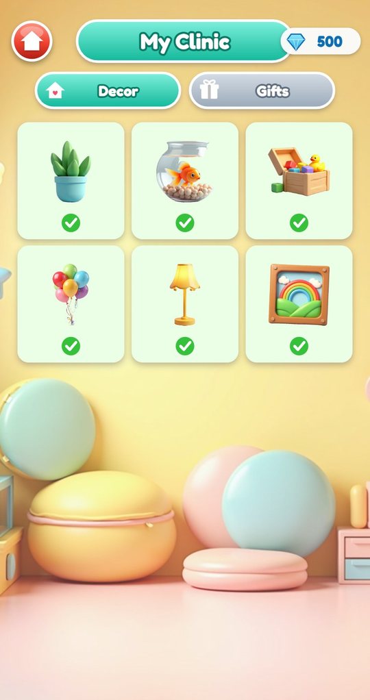 My Clinic shop, Decor tab, with a plant, fish bowl, toy box, balloons, lamp and painting all bought