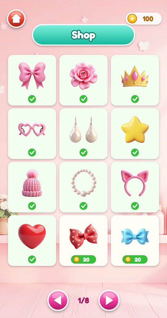 The first page of the shop with free accessories ticked and two bows for 20 coins