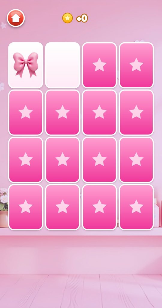 Match Pairs with sixteen cards, one turned over to show a pink bow