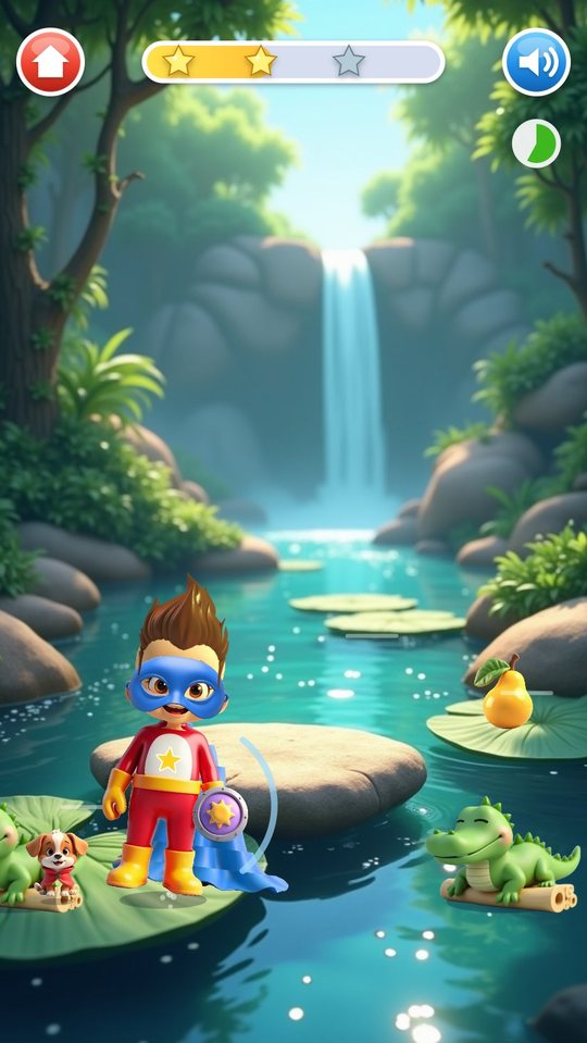 Hop and Run in the Jungle: the hero on a lily pad by a waterfall with a pear to collect and a sleepy crocodile on a log