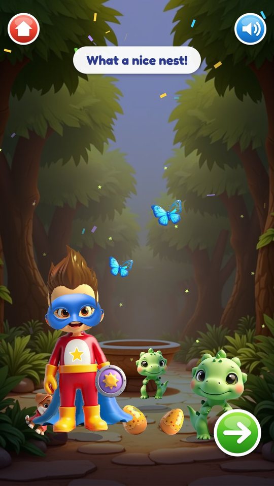 Jungle ending: the golden eggs in the nest, baby dinos dancing and butterflies circling the hero