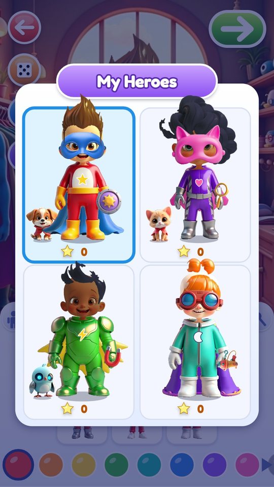 My Heroes panel showing four different heroes with their pets and star counts