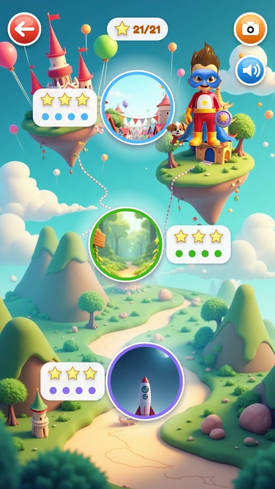Adventure map with Sky City, Jungle and Moon, each showing three stars and four ending dots, and a counter reading 21 of 21