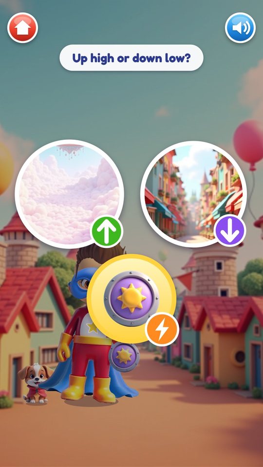 Sky City street with two round route cards, up and down, and a gold shortcut card showing the hero's shield